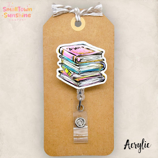 Book Stack Retractable Badge Reel: Librarian ID Holder, Name Tag, Topper, Coworker Gift, Lanyard, MRI Safe, Heavy Duty Options | ACRYLIC