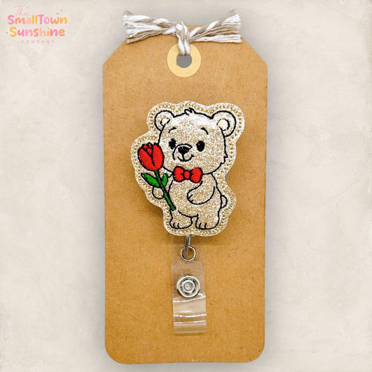 Boyfriend Bear Retractable Badge Reel: Valentine ID Holder, Name Tag, Topper, Coworker Gift, Lanyard, MRI Safe, Heavy Duty Options | GLITTER