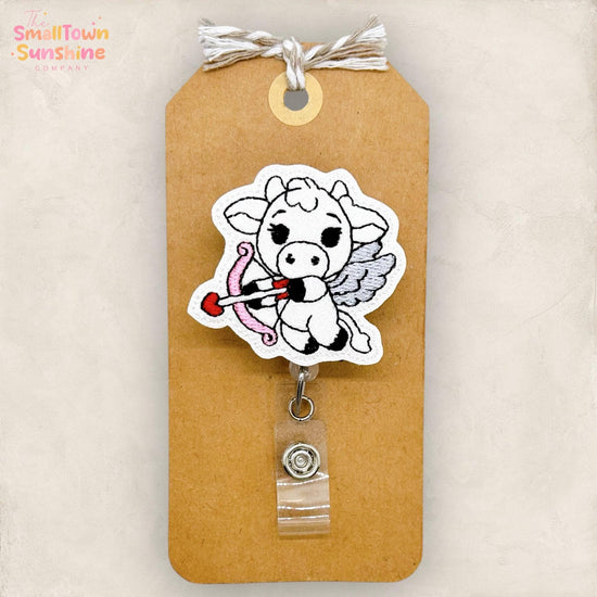 Cupid Cow Retractable Badge Reel: Valentine ID Holder, Name Tag, Topper, Coworker Gift, Lanyard, MRI Safe, Heavy Duty Options | GLITTER