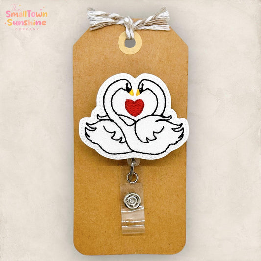 Swan Couple Retractable Badge Reel: Valentine ID Holder, Name Tag, Topper, Coworker Gift, Lanyard, MRI Safe, Heavy Duty Options | GLITTER