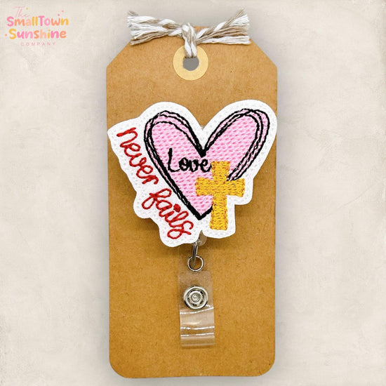 Love Never Fails Retractable Badge Reel: Faith ID Holder, Name Tag, Topper, Coworker Gift, Lanyard, MRI Safe, Heavy Duty Options | GLITTER