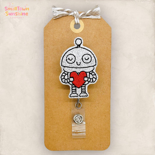 Love Robot Retractable Badge Reel: Valentine ID Holder, Name Tag, Topper, Coworker Gift, Lanyard, MRI Safe, Heavy Duty Options | GLITTER