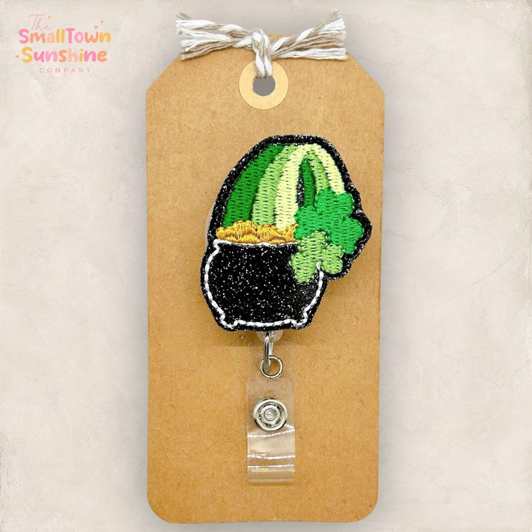 Pot of Gold Rainbow Retractable Badge Reel: St Patrick ID Holder, Name Tag, Topper, Coworker Gift, MRI Safe, Heavy Duty Options | GLITTER