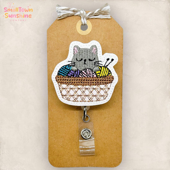 Cat Nap Retractable Badge Reel: Crochet Kitty ID Holder, Name Tag, Topper, Coworker Gift, Lanyard, MRI Safe, Heavy Duty Options | GLITTER