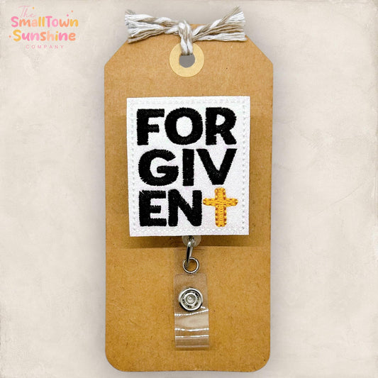 Forgiven Retractable Badge Reel: Christian ID Holder, Name Tag, Swappable Topper, Coworker Gift, Lanyard, MRI Safe, Heavy Duty | GLITTER