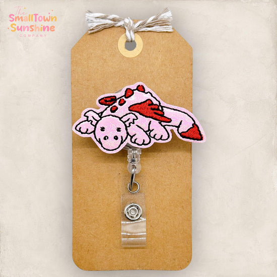 Pink Dragon Retractable Badge Reel: Animal ID Holder, Name Tag, Swappable Topper, Coworker Gift, Lanyard, MRI Safe, Heavy Duty Options