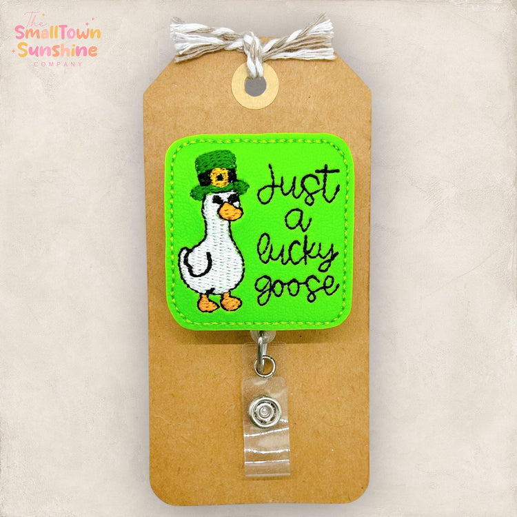 Just a Lucky Goose Retractable Badge Reel: St Patrick’s Day ID Holder, Name Tag, Topper, Coworker Gift, Lanyard, MRI Safe, Heavy Duty Option