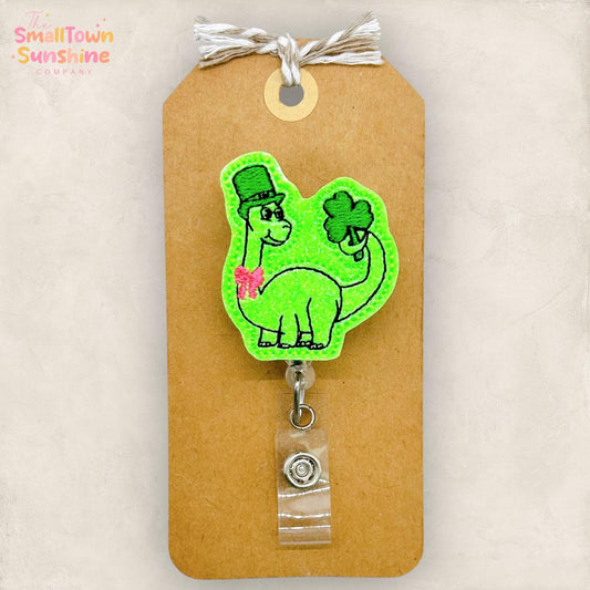 Leprechaun Dino Retractable Badge Reel: St Patrick’s Day ID Holder, Name Tag, Topper, Coworker Gift, MRI Safe, Heavy Duty Options | GLITTER