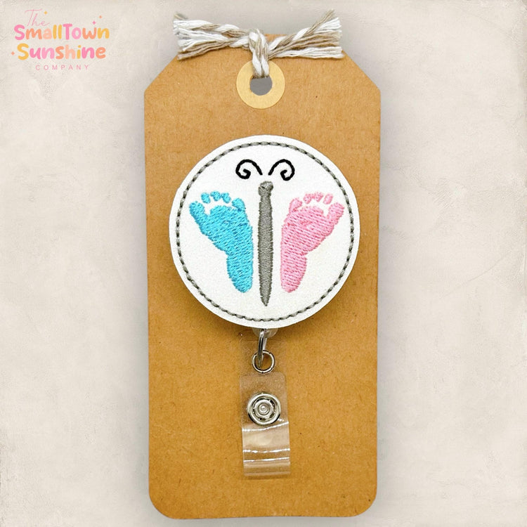 Butterfly Baby Feet Retractable Badge Reel: NICU Id Holder, Name Tag, Topper, Coworker Gift, MRI Safe, Heavy Duty Options | GLITTER