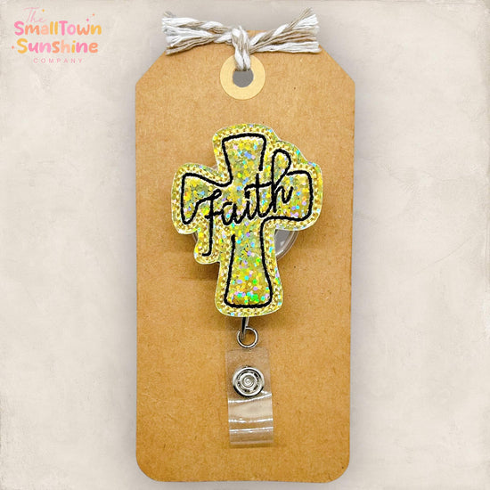 Gold Faith Cross Retractable Badge Reel: Christian ID Holder, Name Tag, Topper, Coworker Gift, Lanyard, MRI Safe, Heavy Duty Options