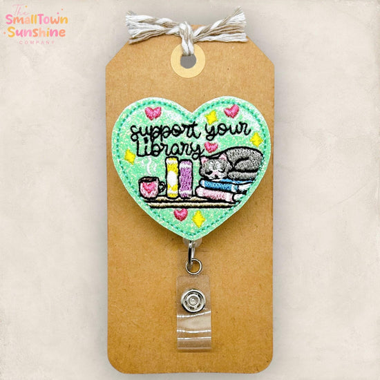 Support Your Library Retractable Badge Reel: Cat Nap ID Holder, Name Tag, Topper, Coworker Gift, Lanyard, MRI Safe, Heavy Duty | GLITTER