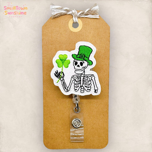 Skeleton Leprechaun Retractable Badge Reel: St Patrick’s ID Holder, Name Tag, Topper, Coworker Gift, MRI Safe, Heavy Duty Option | GLITTER