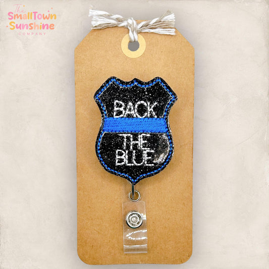Back the Blue Retractable Badge Reel: Police ID Holder, Name Tag, Topper, Coworker Gift, Lanyard, MRI Safe, Heavy Duty Options | GLITTER