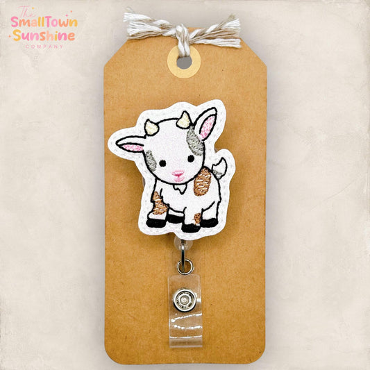 Cute Goat Retractable Badge Reel: Farm Animal ID Holder, Name Tag, Topper, Coworker Gift, Lanyard, MRI Safe, Heavy Duty Option | GLITTER