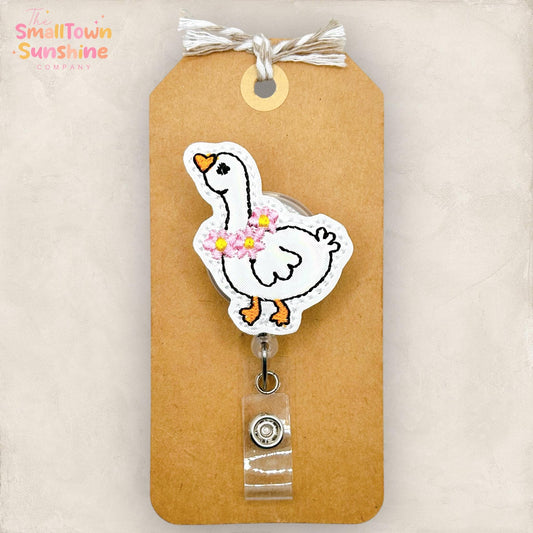 Pink Flower Goose Retractable Badge Reel: White Bird ID Holder, Name Tag, Topper, Coworker Gift, Lanyard, MRI Safe, Heavy Duty Option
