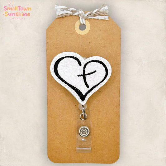 Cross Heart Retractable Badge Reel: Faith ID Holder, Name Tag, Topper, Coworker Gift, Lanyard, MRI Safe, Heavy Duty Options | GLITTER
