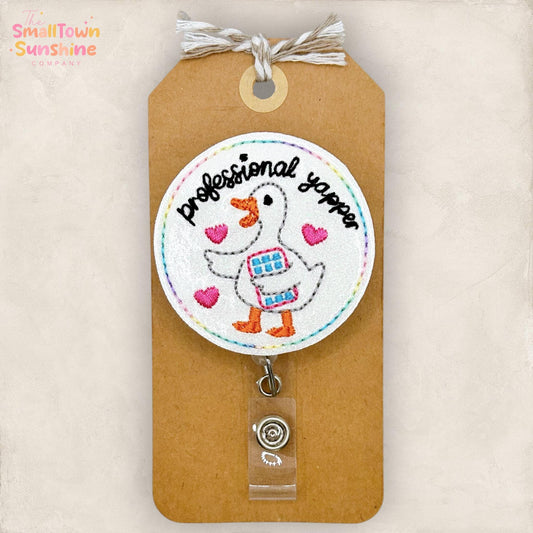 Professional Yapper Retractable Badge Reel: Silly Goose ID Holder, Name Tag, Topper, Coworker Gift, Lanyard, MRI Safe, Heavy Duty | GLITTER