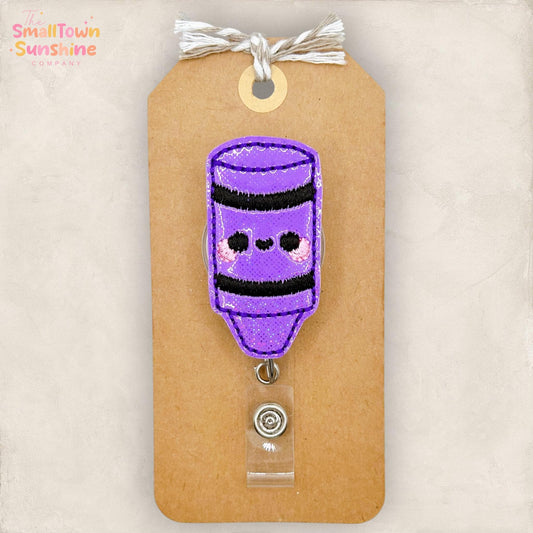 Purple Crayon Retractable Badge Reel: School ID Holder, Name Tag, Swappable Topper, Coworker Gift, Lanyard, MRI Safe, Heavy Duty Options