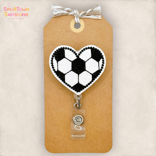 Soccer Heart Retractable Badge Reel: Sport ID Holder, Name Tag, Topper, Coworker Gift, Lanyard, MRI Safe, Heavy Duty Options | GLITTER