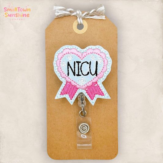 NICU Blue Ribbon Retractable Badge Reel: Nurse ID Holder, Name Tag, Swappable Topper, Coworker Gift, Lanyard, MRI Safe, Heavy Duty Options