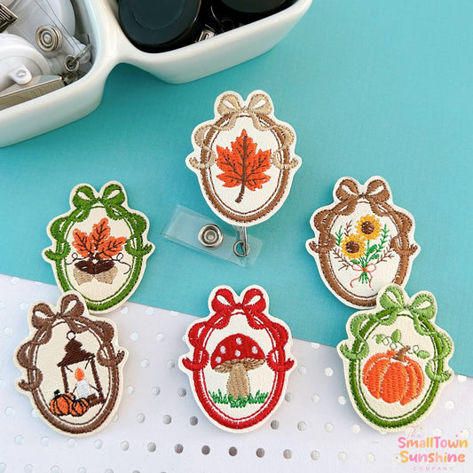 Vintage Fall Cameo Retractable Badge Reel Collection: ID Holder, Swappable Topper, Coworker Gift, Name Tag, MRI Safe, Heavy-Duty Options