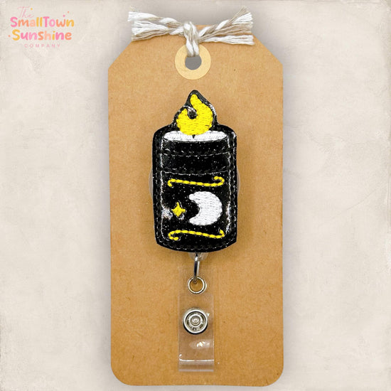 Halloween Candle Retractable Badge Reel: ID Holder, Name Tag, Swappable Topper, Coworker Gift, Lanyard, MRI Safe, Heavy Duty | GLITTER