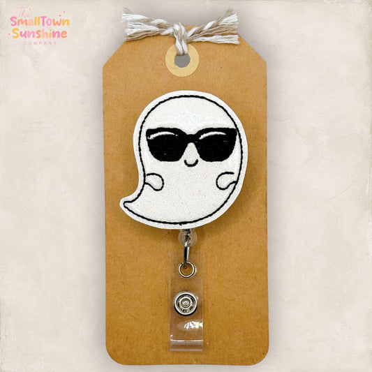 Ghost with Sunglasses Retractable Badge Reel: Halloween ID Holder, Name Tag, Topper, Coworker Gift, Lanyard, MRI Safe, Heavy Duty | GLITTER