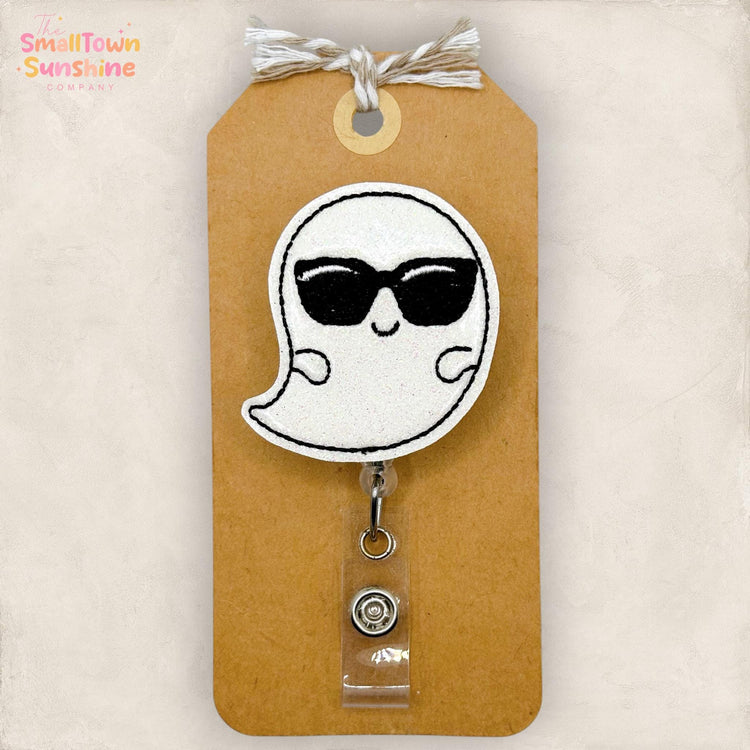 Ghost with Sunglasses Retractable Badge Reel: Halloween ID Holder, Name Tag, Topper, Coworker Gift, Lanyard, MRI Safe, Heavy Duty | GLITTER
