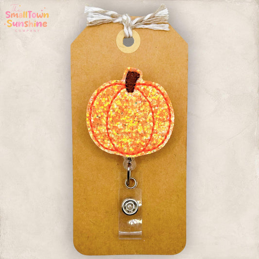 Glitter Orange Pumpkin Retractable Badge Reel: Fall ID Holder, Name Tag, Swappable Topper, Coworker Gift, Lanyard, MRI Safe, Heavy Duty
