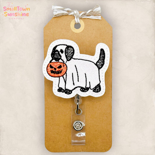Black Ghost Dog Retractable Badge Reel: Halloween ID Holder, Name Tag, Topper, Coworker Gift, Lanyard, MRI Safe, Heavy Duty | GLITTER