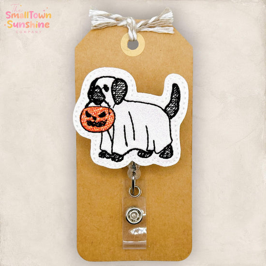 Black Ghost Dog Retractable Badge Reel: Halloween ID Holder, Name Tag, Topper, Coworker Gift, Lanyard, MRI Safe, Heavy Duty | GLITTER