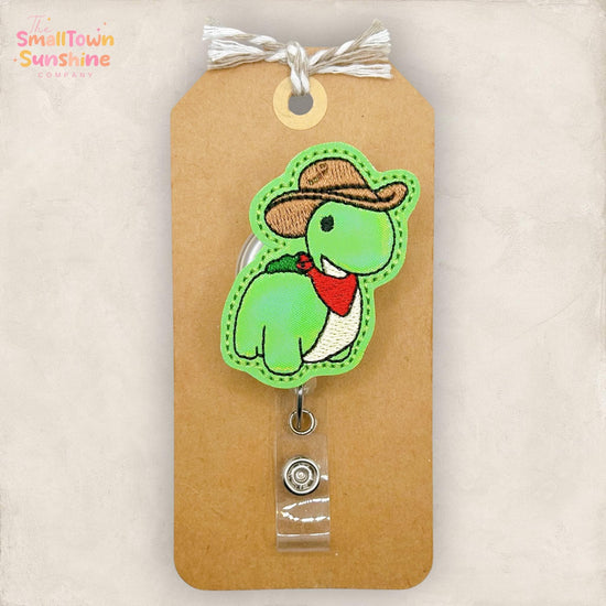 Cowboy Dinosaur Retractable Badge Reel: Animal ID Holder, Name Tag, Swappable Topper, Coworker Gift, Lanyard, MRI Safe, Heavy Duty Option