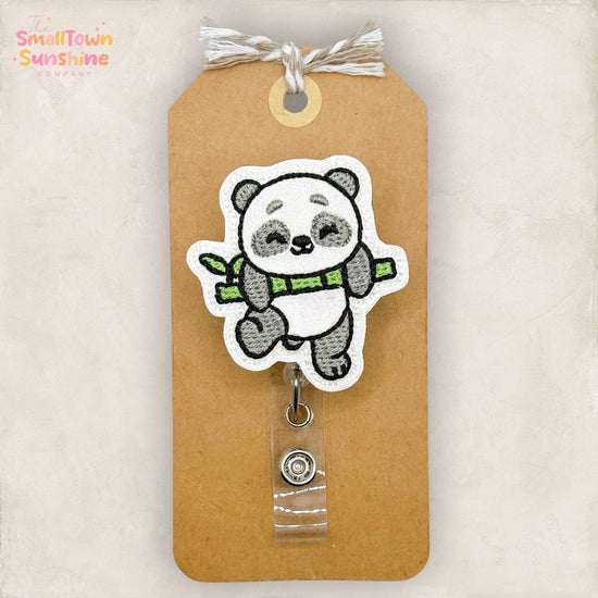 Panda with Bamboo Retractable Badge Reel: Animal ID Holder, Name Tag, Topper, Coworker Gift, Lanyard, MRI Safe, Heavy Duty | GLITTER