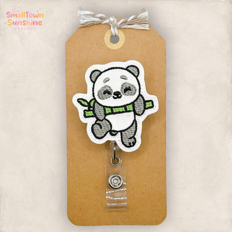 Panda with Bamboo Retractable Badge Reel: Animal ID Holder, Name Tag, Topper, Coworker Gift, Lanyard, MRI Safe, Heavy Duty | GLITTER