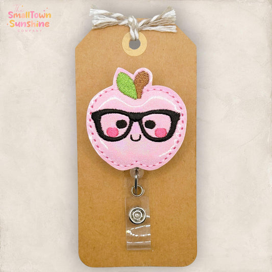 Pink Apple with Glasses Retractable Badge Reel: School ID Holder, Name Tag, Topper, Coworker Gift, Teacher Lanyard, MRI Safe, Heavy Duty