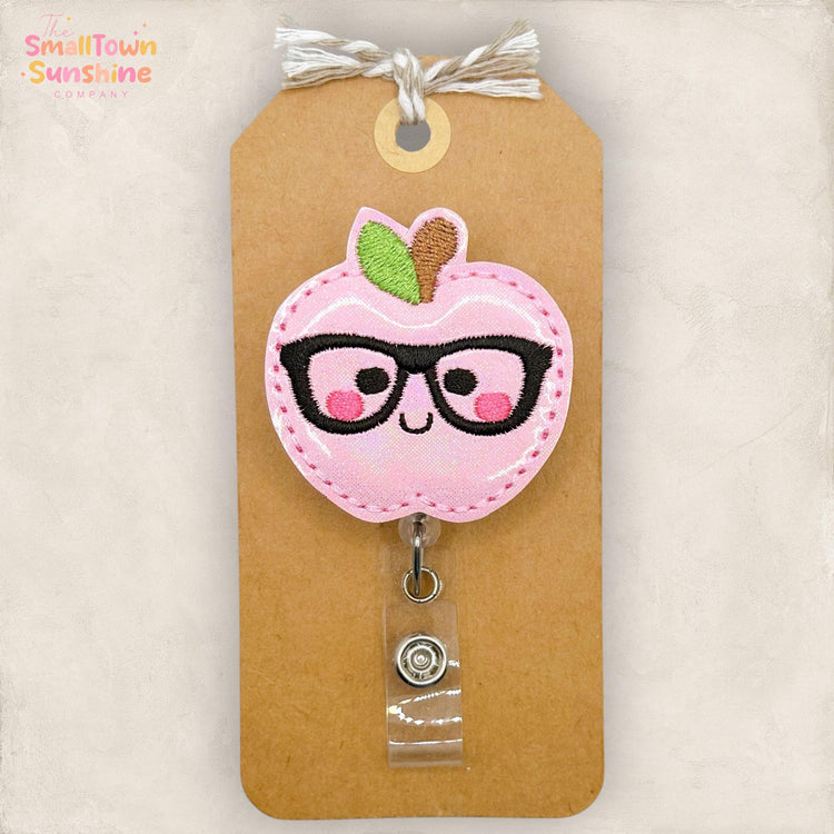 Pink Apple with Glasses Retractable Badge Reel: School ID Holder, Name Tag, Topper, Coworker Gift, Teacher Lanyard, MRI Safe, Heavy Duty
