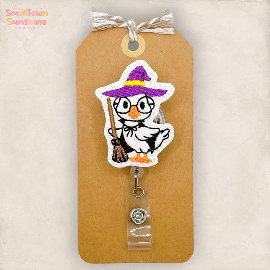 Duck Witch Retractable Badge Reel: Halloween ID Holder, Name Tag, Swappable Topper, Coworker Gift, Lanyard, MRI Safe, Heavy Duty | GLITTER