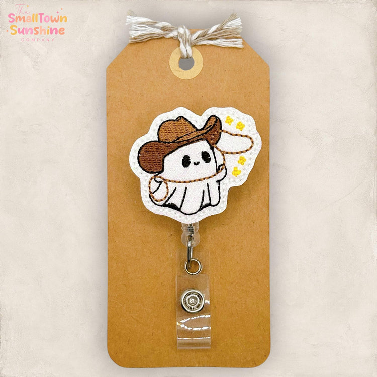 Ghost Cowboy Retractable Badge Reel: Western Halloween ID Holder, Name Tag, Topper, Coworker Gift, Lanyard, MRI Safe, Heavy Duty | GLITTER