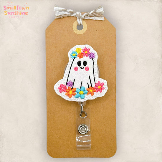 Ghost in Flowers Retractable Badge Reel: Halloween ID Holder, Name Tag, Topper, Coworker Gift, Lanyard, MRI Safe, Heavy Duty | GLITTER