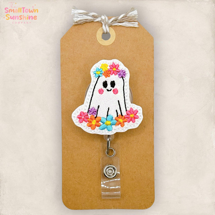 Ghost in Flowers Retractable Badge Reel: Halloween ID Holder, Name Tag, Topper, Coworker Gift, Lanyard, MRI Safe, Heavy Duty | GLITTER