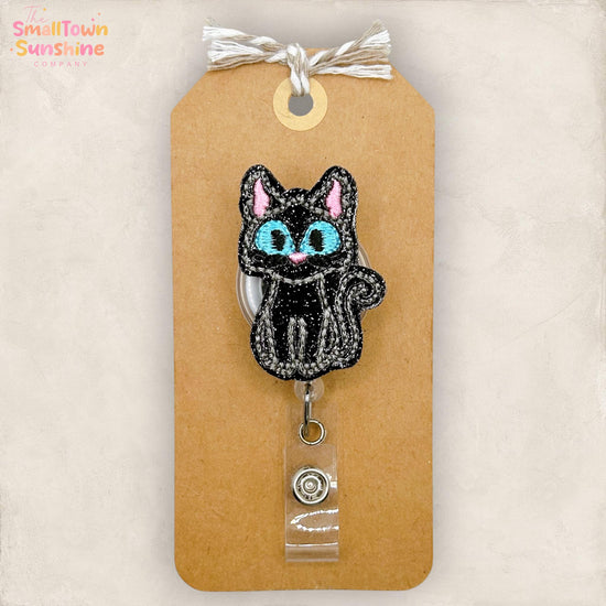 Black Cat Retractable Badge Reel: Halloween ID Holder, Name Tag, Swappable Topper, Coworker Gift, Lanyard, MRI Safe, Heavy Duty | GLITTER