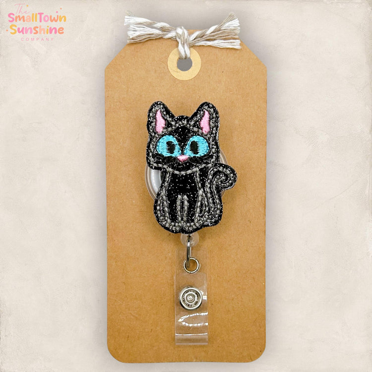Black Cat Retractable Badge Reel: Halloween ID Holder, Name Tag, Swappable Topper, Coworker Gift, Lanyard, MRI Safe, Heavy Duty | GLITTER