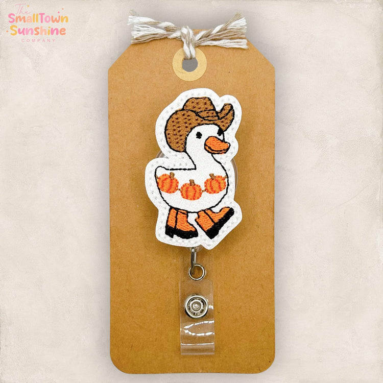 Western Pumpkin Goose Retractable Badge Reel: Fall ID Holder, Name Tag, Topper, Coworker Gift, Lanyard, MRI Safe, Heavy Duty | GLITTER