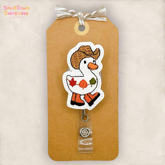 Western Fall Leaf Goose Retractable Badge Reel: Autumn ID Holder, Name Tag, Topper, Coworker Gift, Lanyard, MRI Safe, Heavy Duty | GLITTER