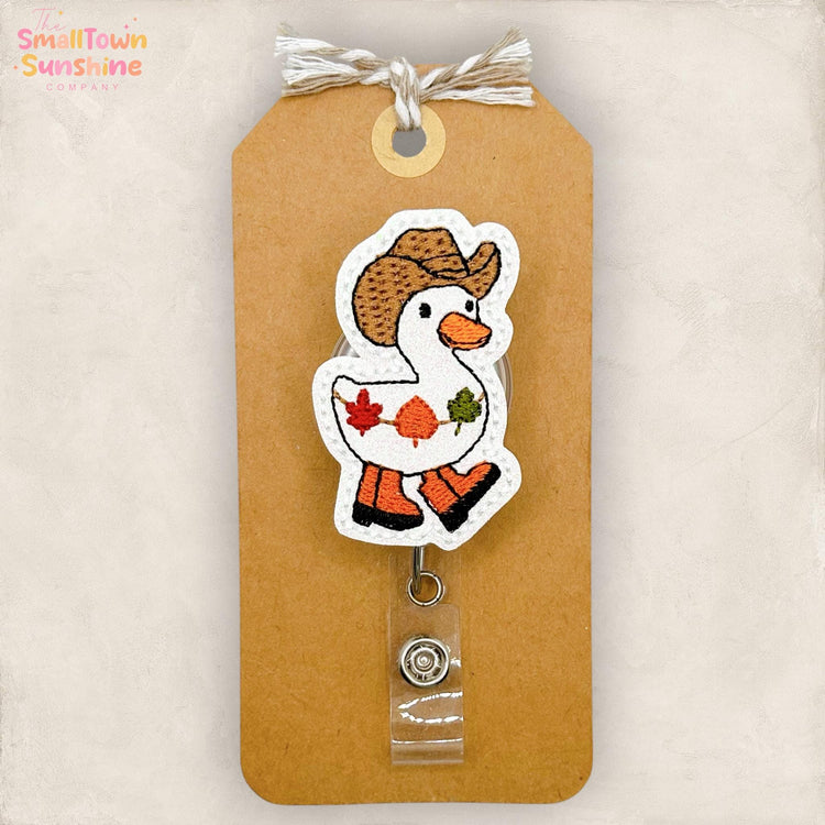 Western Fall Leaf Goose Retractable Badge Reel: Autumn ID Holder, Name Tag, Topper, Coworker Gift, Lanyard, MRI Safe, Heavy Duty | GLITTER