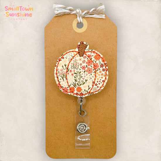 Vintage Floral Pumpkin Retractable Badge Reel: Autumn ID Holder, Name Tag, Topper, Coworker Gift, Lanyard, MRI Safe, Heavy Duty | GLITTER
