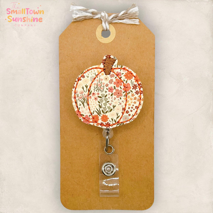 Vintage Floral Pumpkin Retractable Badge Reel: Autumn ID Holder, Name Tag, Topper, Coworker Gift, Lanyard, MRI Safe, Heavy Duty | GLITTER