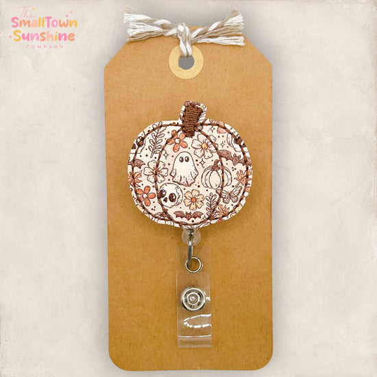 Boho Halloween Pumpkin Retractable Badge Reel: Autumn ID Holder, Name Tag, Topper, Coworker Gift, Lanyard, MRI Safe, Heavy Duty | GLITTER