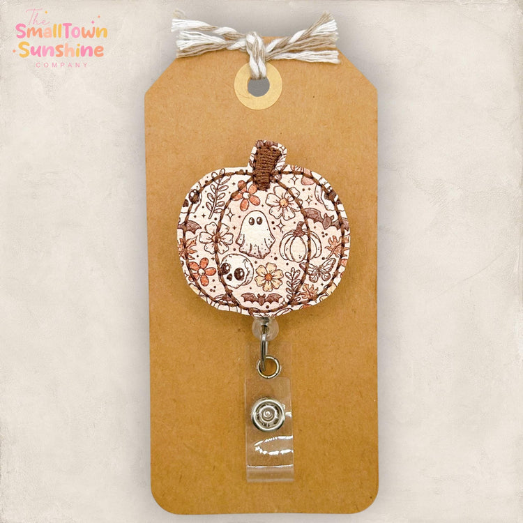 Boho Halloween Pumpkin Retractable Badge Reel: Autumn ID Holder, Name Tag, Topper, Coworker Gift, Lanyard, MRI Safe, Heavy Duty | GLITTER