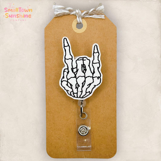 Skeleton Rock On Retractable Badge Reel: Halloween ID Holder, Name Tag, Topper, Coworker Gift, Lanyard, MRI Safe, Heavy Duty | GLITTER